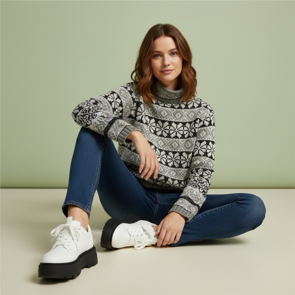 NEW Deane & White Pullover Women M Gray Lambswool‎ Blend Sweater Nordic Granny